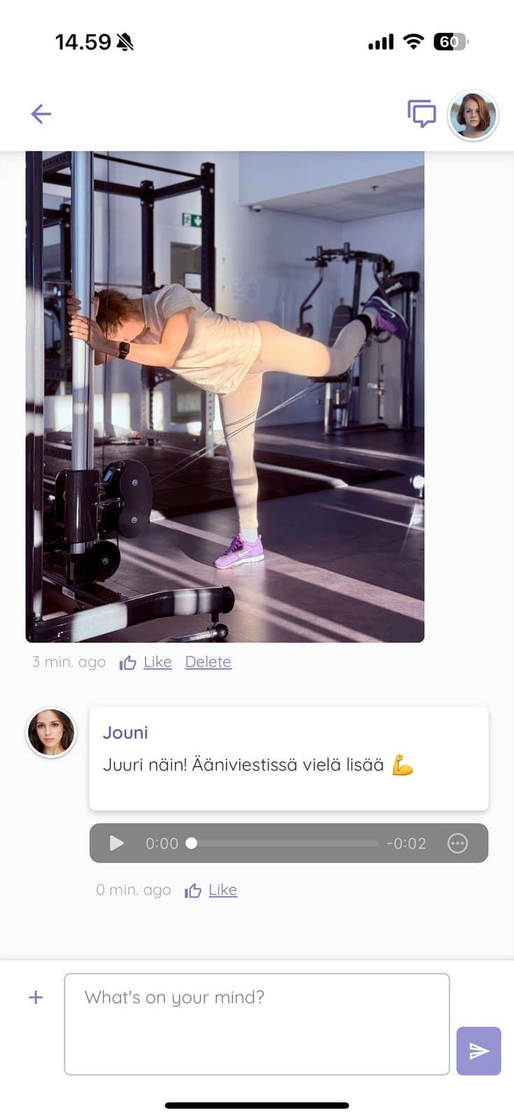 Chat view showing a client photo and a coach voice reply
