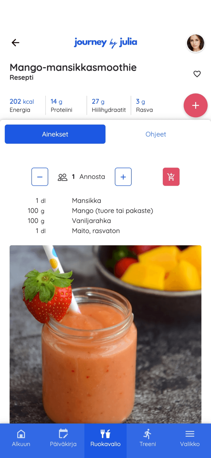 A recipe in the client app with the coach's logo and colors