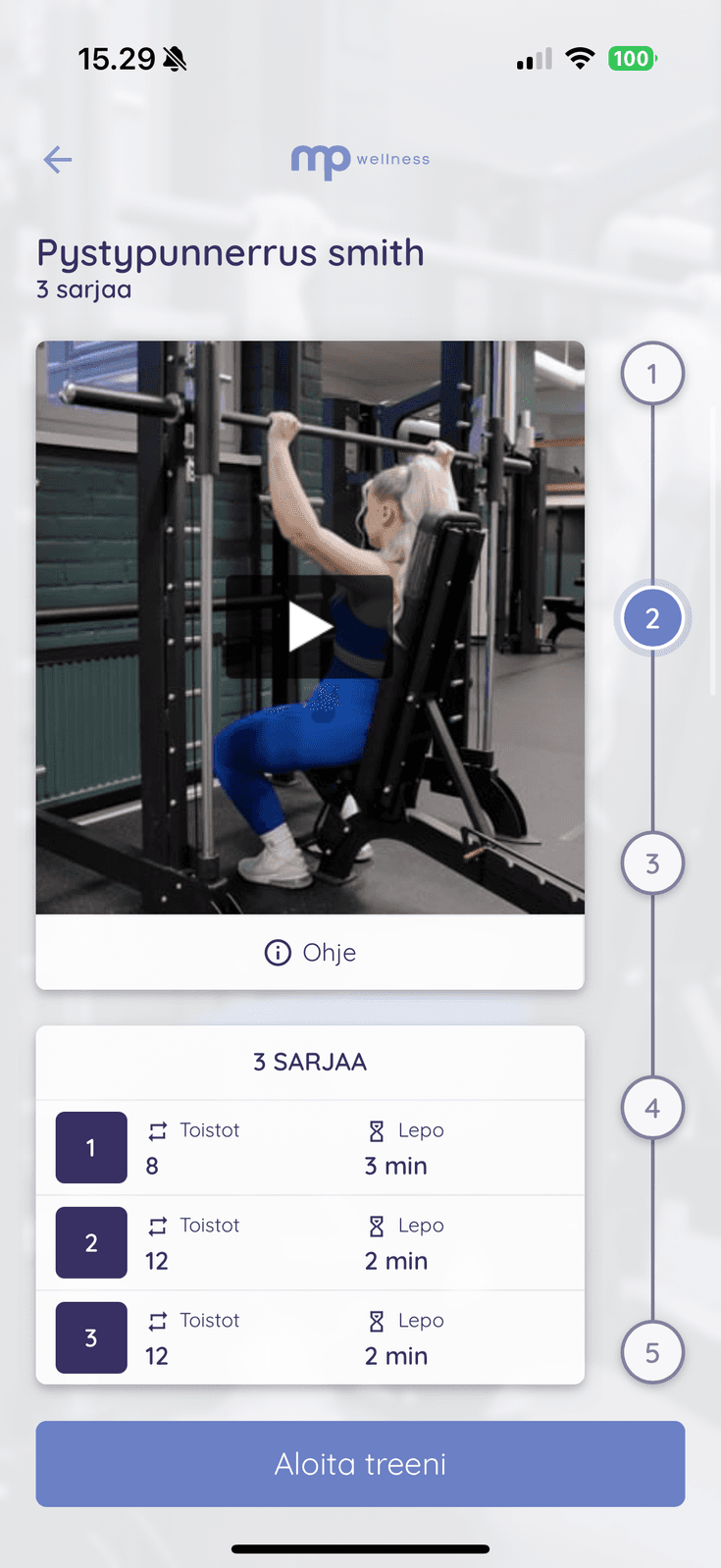 A workout in the client app with the coach's logo and colors