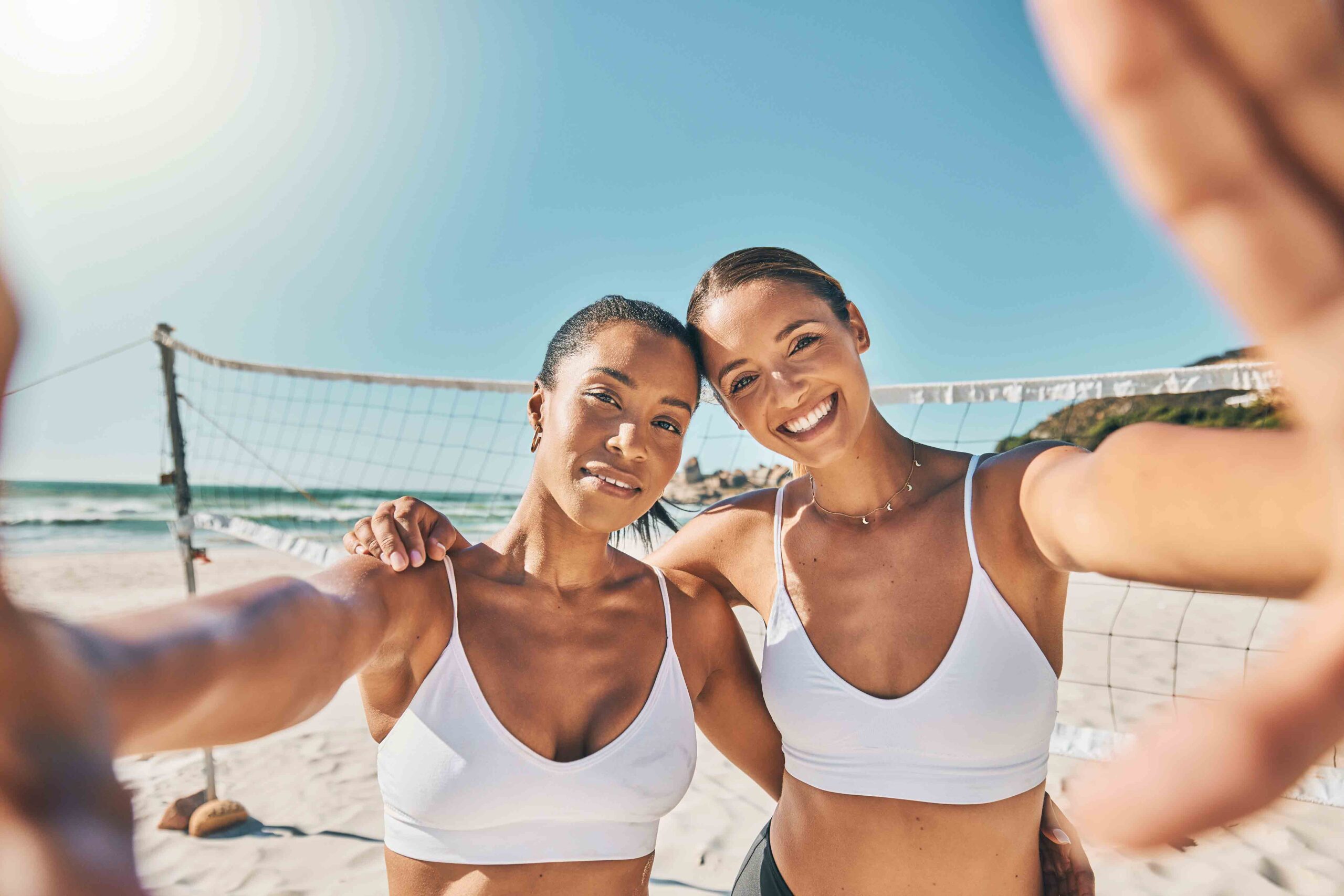 Volleyball women friends in selfie on beach and outdoor summer, fitness and wellness lifestyle. You.